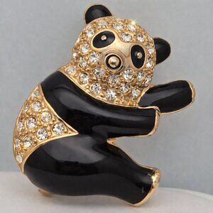 Panda Bear Brooch Black Enamel & Crystal Rhinestones 1.5” V8ntage Piece Pin